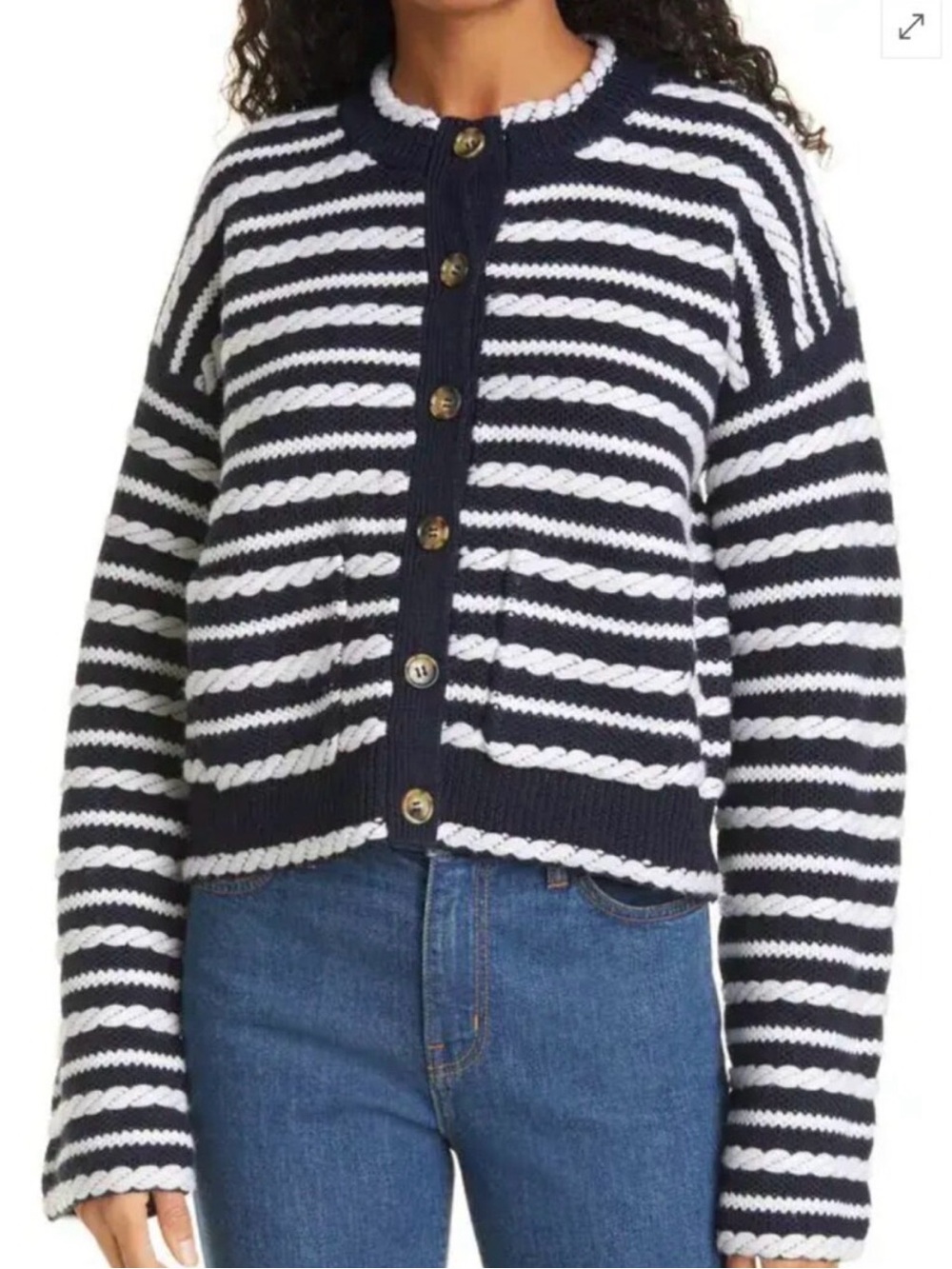 La Ligne Gabrielle Cardigan XS Navy White Cable Knit Striped Cotton